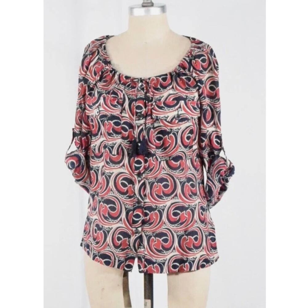 TORY BURCH Women's Abstract Button Down Blouse Sz 14 Red Blue Cotton Silk Blend